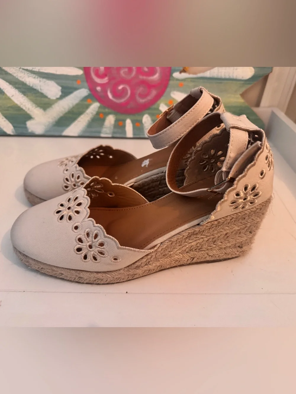 Forever 21 Cream Floral Cutout Espadrille Wedge